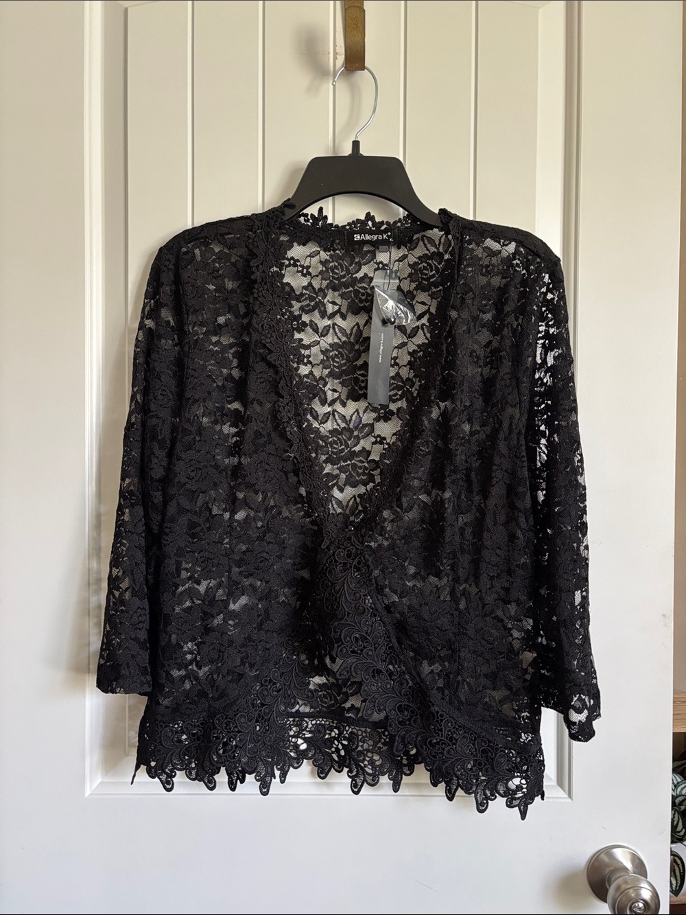 Allegra K Black Floral Lace Overlay Jacket